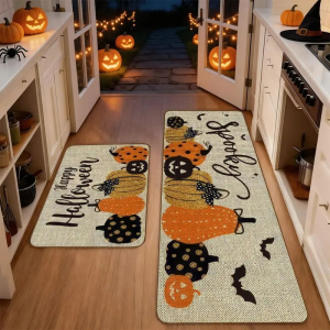 VIKAMA Halloween Kitchen Rug Set Pumpkin Bat Pattern Non Slip Washable Runner Floor Mat Kitchen Indoor Holiday Home Decor