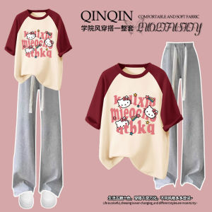 Cute Kitty Cat Short Sleeve T-Shirt And Sporty Long Pants Set for Girls Summer Casual Cotton Two-Piece Outfit Trendy Kids