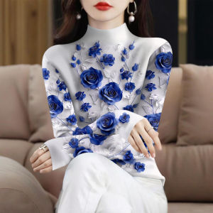 เสื้อยืดคอกลมแขนยาวพิมพ์ลายดอกไม้สำหรับผู้หญิง ทรงหลวม ใส่ได้ทั้งฤดูใบไม้ร่วงและฤดูหนาว ทรงหลวม ทรงพอดีตัว ทรงพอดีตัว