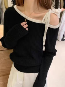 Spring Autumn One Shoulder Color Block Knitted Sweater Womens Slim Fit Versatile Shoulder Bared Knitwear 2025 New Style Top