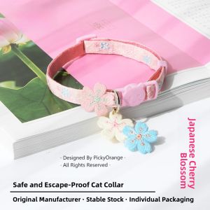 New Pet Cat Sakura Embroidery Safety Buckle Anti-Choking Anti-Walk Cat Collar Leash for Cat Traveling Supplies Cat Neck Ring