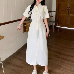 plus Size Luxury Fashion Back Slit Shirt Style Dress Conceal Meat Slimming Waist Cinched Long Skirts for plus Size Women