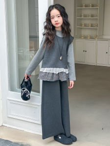 MPW | Girls Korean Style Woolen Vest Three-Piece Set Spring Autumn Fashionable Childrens Clothing Medium To Large Kids