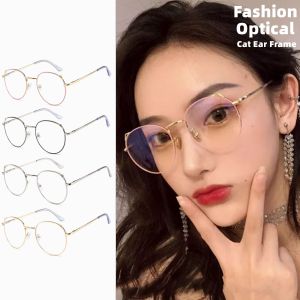 🔥Cadia👍 Korean Cat Ear Metal Frame Glasses Anti-Blue Light Glasses Round Frame Myopia Glasses