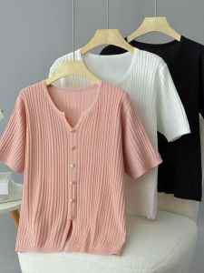 Korean Style V-Neck Striped Solid Color Knitted Ice Silk Casual Short Sleeve Top Large Size Comfortable Breathable Summer New Arrival