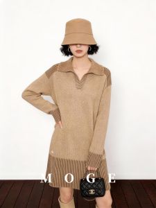 Elegant Lazy Style Contrast Color Polo Neck Knitted Dress