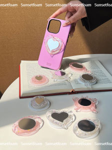 Detachable Magnetic Phone Stand Mirror Glitter Heart Ins Style Extendable Makeup Essential for Women Adhesive Stick-On Design
