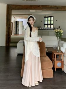 Elegant Summer Outfit Womens Long Sleeve Wide Leg Pants Two Piece Set Sun Protection Lazy Style Fashionable Casual Wear