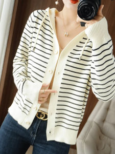 Black and White Stripes Hooded Casual Sweatshirt Female Knitting Spring and Autumn New Arrival Loose Sweater Cardigan Western Style All-Matching Outwear