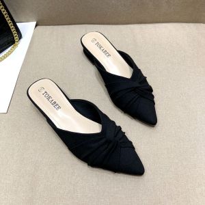 Western Style 2023 Spring and Summer New Womens Shoes plus Size Fashion Cloth Upper Shallow Mouth Pointed Toe Toe Cap Low Heel Half Slippers