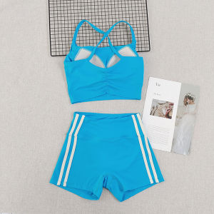 Womens Yoga Fitness Set Side Stripe Short Pants Shock Absorption Comfortable Nylon Fabric Moisture Wicking Quick Dry Breathable