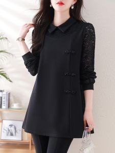 เสื้อเชิ้ตแขนยาวผ้าลูกไม้หลวมๆ สำหรับผู้หญิงไซส์ใหญ่ ทรงหลวมสไตล์จีนใหม่ เสื้อชั้นในทรงหลวมสไตล์ย้อนยุคสำหรับฤดูใบไม้ผลิและฤดูใบไม้ร่วง