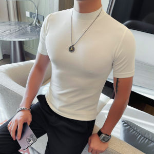 Mens Slim Fit Short Sleeve T-Shirt Half High Collar Casual Versatile Elastic Base Shirt Fashionable Solid Color Summer Leisure