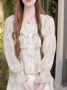 เสื้อเชิ้ตแขนยาวป้องกันแสงแดดลายดอกไม้หวานๆ สำหรับผู้หญิง ฤดูใบไม้ผลิและฤดูร้อน 2024 เสื้อเชิ้ตแขนสั้นทรงเข้ารูปแบบใหม่