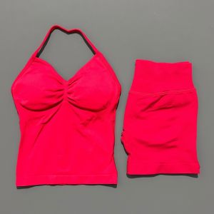 Yoga 2 Pieces Gym Set Women Backless Halter Tops High Waist Seamless Shorts Gym Suit Fitness Sports Bras Sportswear Workout Sets