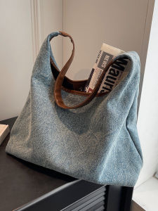 Casual Large Capacity Denim Tote Bag Womens Multi-Functional Shoulder Bag Popular Summer Bucket Bag Magnetic Buckle Closure