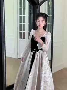 DINNER DRSES French Long Sleeve Long Party Dress Velvet Satin Dress 女士优雅气质宴会主持人演出表演晚礼服