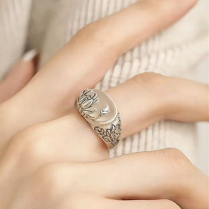 New Chinese Style 925 Silver Lotus Agate Ring for Women Vintage Unique Design Simple Versatile Finger Ring Jewelry Accessory