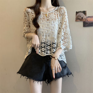 AIYITI | Lace Hook Flower Hollow Out Plus Size Womens Summer Loose Sun Protection Top Korean Style Round Neck Short Sleeve Shirt