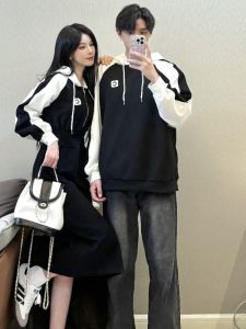 Couple Wear Spring and Autumn Hooded Sweatshirt One-Piece Dress Contrast Color Niche Design 2024 New Arrival Trendy Fancy