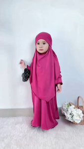Akfas-Set Gamis Anak Perempuan Syari + Frech Khimar Bahan Kaos Jersey Adem Usia 1-13 Tahun