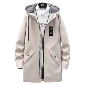 ROMON | Lormen Mens Windbreaker Spring Autumn New Style Mid-Length Hooded Windproof Jacket Handsome Casual Sports Coat Polyester Fiber