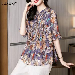 LUXURY Queen Beautiful and Fashionable Chiffon Shirt Short Sleeve Blouse 2023 New Summer Small Shirt Mom Covers The Stomach and Fashionable Super Fairy Top