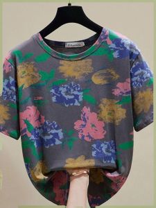 Loose Womens T-shirt Summer New Flower Print Short Sleeve round Neck Health Ring Versatile Large Size Female Apparel