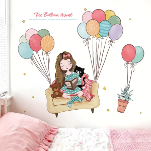 Decal giấy dán tường Cô bé ngồi đọc sách& bóng bay Có keo sẵn-Trang trí phòng ngủ trẻ em