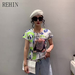 REHIN Womens top Summer new fashion Unique letters print short-sleeved T-shirt cotton S-3XL slim fit bottoming shirt