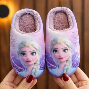 SHIPAILUO | Disney Elsa Princess Winter Childrens Cotton Slippers Warm Baby Toddler Shoes Cartoon Style Home Use Flat Heel TPR Bottom