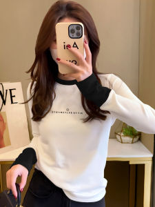 Spring 2025 New Pure Cotton Long Sleeve T-Shirt Womens Slim Fit Base Shirt Color Block Print round Neck Top Korean Style