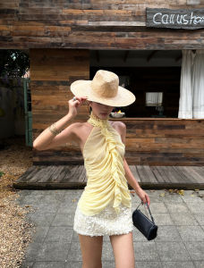 VENUIE | Sleeveless Yellow Backless Halter Top Female French Style
