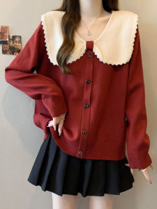 French Butterfly Knot Doll Collar Red Knitted Sweater Women Early Autumn plus Size Fat MM Slimming Anti-Aging Top