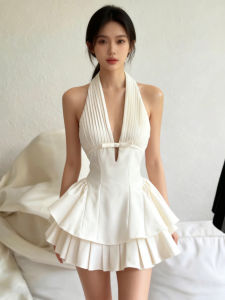 French Pleated Halter Neck Elegant Noble White Lace Dress