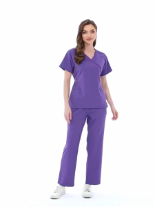 【NEW】NiaaHinn Fashion Women Elastic Wrinkle Resistant Breathable Scrub Suit Set with cargo pants Doctor Nurse Uniform【Short Sleeves V-neck Lace-up Top+ Straight Cut Pants】