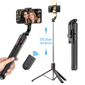 F15 Selfie Stick Tripod with Bluetooth Remote 6-Section Extendable Pole 360° Rotation Fill Light Option for Phone Vlog