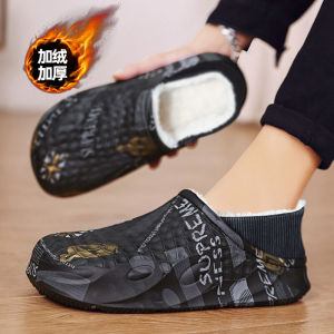 Nam Mùa Đông Đáy Dày Cotton Vải Bông Dép Đi Trong Nhà Văn Phòng Ấm Áp Lông Cừu Đế Cao Su Chống Thấm Nước Lót Chống Trơn Trượt Slip-on Giày