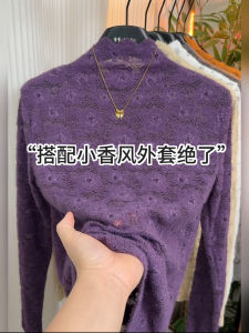 Fashionable Long Sleeve Lace Hollow out Half High Collar T-Shirt Womens Spring New Style Elegant Brushed Inner Wear Top