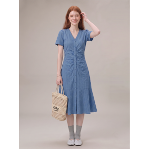 GULILI | French Style Vacation Blue V-Neck Puffed Short Sleeve Dress