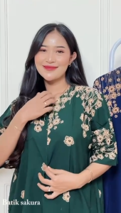 Daster Aruna Motif Printing  Batik Sakura Pekalongan Baju Tidur Dress Piyama Panjang Wanita Cantik Ibu Remaja Bumil Busui Dewasa Hitam Rayon Ruffle