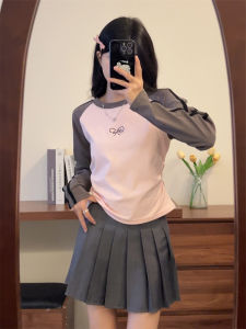 Slim Fit Short Sleeveless T-Shirt Womens Spring Autumn Thin Cotton Long Sleeve round Neck Print Top Outerwear Base Shirt