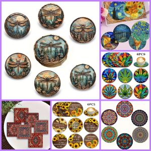 6 Pieces of round coaster Mandala Dragonfly theme Pattern wooden Material gift for ladies lovers for Personal use or as a