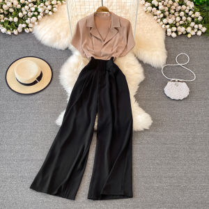 Fancy Fashion Ladies V-neck Jumpsuit Elegant Pleated Waist Tight Silm Straight-leg Loose Pants Jumpsuit Summer