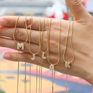 Cute English Letter Initial Necklace 18K Gold Plated  Zircon Paved Necklace Puffy Bubble Letter Necklace for Women