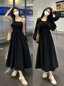 Black Camisole Dress Outer Wear Cardigan Two-piece Set Fancy Fall and Winter Wear Temperament Tummy Hiding Slimming Long Dress