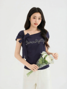 SANFU | Summer New Design Letter Glitter Strapless Slanted Shoulder Loose Casual Women Tshirt