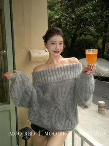 Áo Len Dệt Kim Một Bên Vai Màu Xám Rộng Rãi Thoải Mái Cho Nữ Mùa Thu Phong Cách Lười Biếng Bằng Vải Nỉ Gấu Cổ Tròn Dài Tay