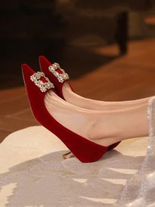 Elegant Low Heel Wedding Shoes for Women with Rhinestone Square Buckle Red Pregnant Women High Heels Slim Heel Bridal Shoes