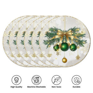 VIKAMA 6PC Christmas Gold Pine Meal Mat Round Home Dining Table Desktop Decoration and Accessories